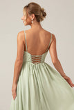 Dusty Sage A-Line Spaghetti Straps Chiffon Long Bridesmaid Dress with Slit