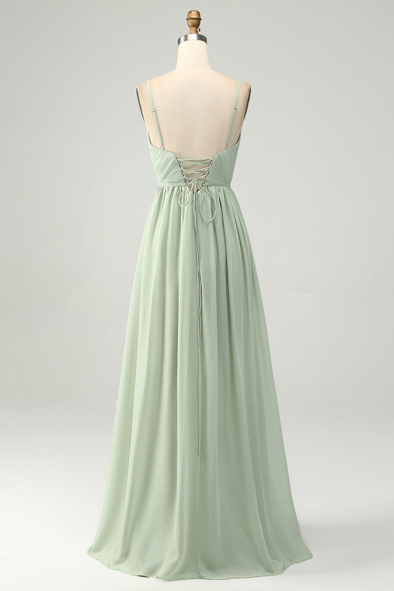 Load image into Gallery viewer, A-Line Dusty Sage Chiffon Spaghetti Straps Long Bridesmaid Dress with Slit