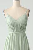 A-Line Dusty Sage Chiffon Spaghetti Straps Long Bridesmaid Dress with Slit