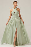 Dusty Sage Boho Chiffon Long Bridesmaid Dress with Button Back