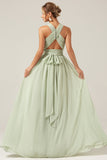 Dusty Sage Boho Chiffon Long Bridesmaid Dress with Button Back