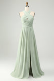 Dusty Sage A Line Halter Chiffon Pleated Long Plus Size Bridesmaid Dress with Slit