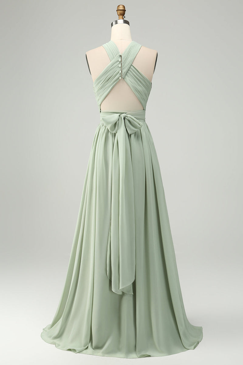 Load image into Gallery viewer, A Line Halter Chiffon Sage Green Pleated Long Bridesmaid Dress with Slit