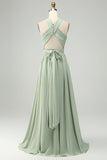 Dusty Sage A Line Halter Chiffon Pleated Long Plus Size Bridesmaid Dress with Slit