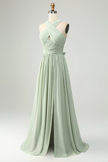 A Line Halter Chiffon Sage Green Pleated Long Bridesmaid Dress with Slit