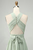 Load image into Gallery viewer, A Line Halter Chiffon Sage Green Pleated Long Bridesmaid Dress with Slit