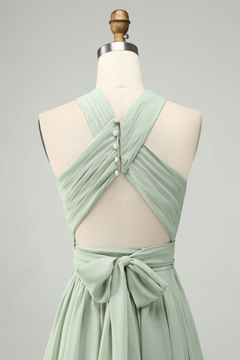 A Line Halter Chiffon Sage Green Pleated Long Bridesmaid Dress with Slit