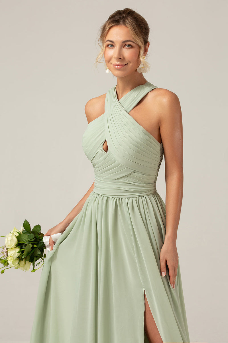 Load image into Gallery viewer, Dusty Sage Boho Chiffon Long Bridesmaid Dress with Button Back