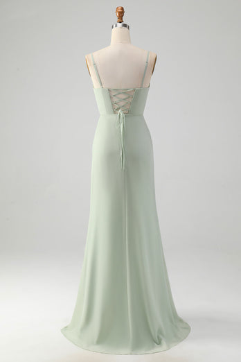A Line Spaghetti Straps Matcha Long Bridesmaid Dress with Lace Up Back