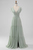 Load image into Gallery viewer, Matcha V Neck A Line Chiffon Long Bridesmaid Dress with Slit