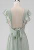 Load image into Gallery viewer, Matcha V Neck A Line Chiffon Long Bridesmaid Dress with Slit