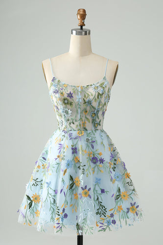 Elegant Blue Flower A Line Corset Cocktail Dress with Embroidery