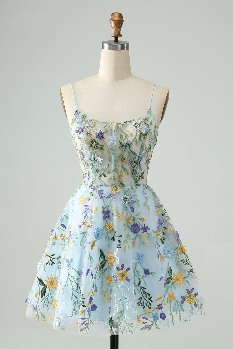 Load image into Gallery viewer, Elegant Blue Flower A Line Corset Cocktail Dress with Embroidery