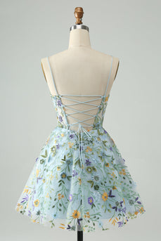 Elegant Blue Flower A Line Corset Cocktail Dress with Embroidery