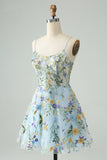 Elegant Blue Flower A Line Corset Cocktail Dress with Embroidery