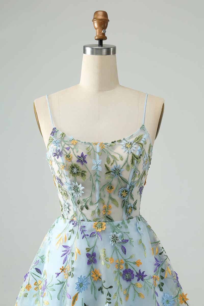 Load image into Gallery viewer, Elegant Blue Flower A Line Corset Cocktail Dress with Embroidery