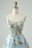 Elegant Blue Flower A Line Corset Cocktail Dress with Embroidery