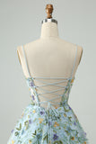 Elegant Blue Flower A Line Corset Cocktail Dress with Embroidery