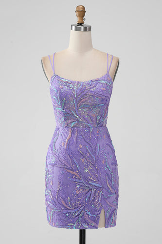 Sparkly Lilac Bodycon Sequins Appliques Short Cocktail Dress with Slit