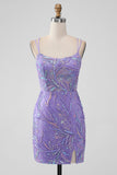 Sparkly Lilac Bodycon Sequins Appliques Short Cocktail Dress with Slit