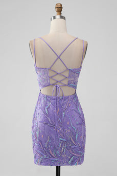 Sparkly Lilac Bodycon Sequins Appliques Short Cocktail Dress with Slit