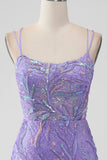 Sparkly Lilac Bodycon Sequins Appliques Short Cocktail Dress with Slit