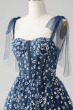 Navy A Line Spaghetti Straps Print Corset Short Cocktail Dress