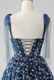 Navy A Line Spaghetti Straps Print Corset Short Cocktail Dress