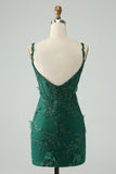 Dark Green Bodycon Spaghetti Straps Short Cocktail Dress with Appliques