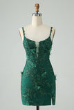 Dark Green Bodycon Spaghetti Straps Short Cocktail Dress with Appliques