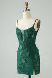 Dark Green Bodycon Spaghetti Straps Short Cocktail Dress with Appliques