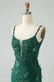 Dark Green Bodycon Spaghetti Straps Short Cocktail Dress with Appliques