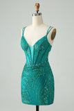 Sparkly Dark Green Bodycon Corset Cocktail Dress with Sequins