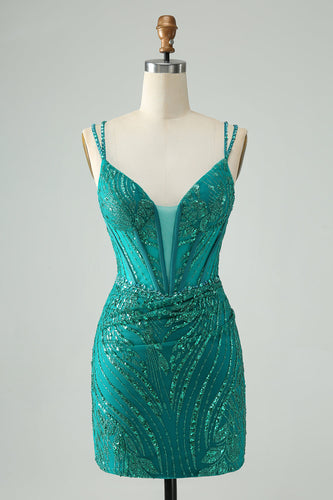 Sparkly Dark Green Bodycon Corset Cocktail Dress with Sequins