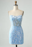 Sparkly Sky Blue Spaghetti Straps Beaded Short Cocktail Dress