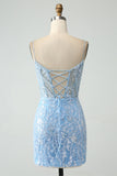 Sparkly Sky Blue Spaghetti Straps Beaded Short Cocktail Dress