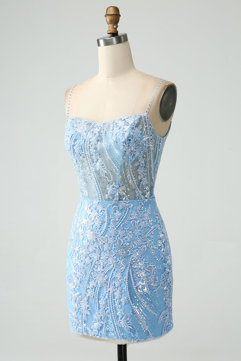 Load image into Gallery viewer, Sparkly Sky Blue Spaghetti Straps Beaded Short Cocktail Dress