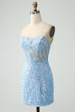 Sparkly Sky Blue Spaghetti Straps Beaded Short Cocktail Dress