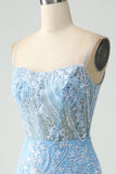 Sparkly Sky Blue Spaghetti Straps Beaded Short Cocktail Dress