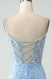 Sparkly Sky Blue Spaghetti Straps Beaded Short Cocktail Dress