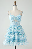 A-Line Spaghetti Straps Tiered Blue Floral Short Cocktail Dress