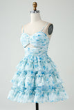 A-Line Spaghetti Straps Tiered Blue Floral Short Cocktail Dress