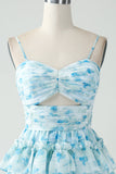 A-Line Spaghetti Straps Tiered Blue Floral Short Cocktail Dress