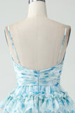 A-Line Spaghetti Straps Tiered Blue Floral Short Cocktail Dress