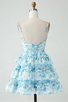 A-Line Spaghetti Straps Tiered Blue Floral Short Cocktail Dress