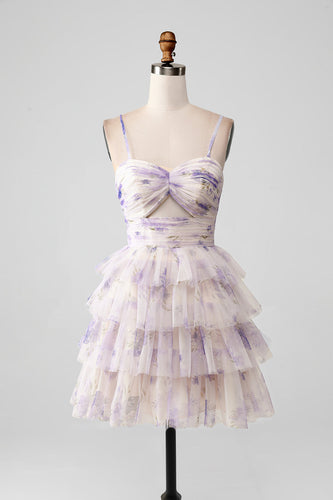 Lavender Flower A Line Spaghetti Straps Tiered Pleated Short Cocktail Dress