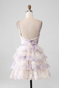 Lavender Flower A Line Spaghetti Straps Tiered Pleated Short Cocktail Dress