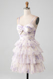 Lavender Flower A Line Spaghetti Straps Tiered Pleated Short Cocktail Dress