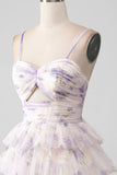 Lavender Flower A Line Spaghetti Straps Tiered Pleated Short Cocktail Dress