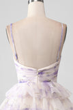 Lavender Flower A Line Spaghetti Straps Tiered Pleated Short Cocktail Dress